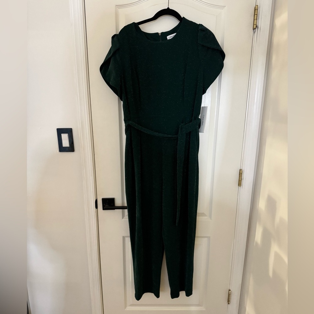 Green Calvin Klein Women's Tie-Waist Tulip-Sleeve Jumpsuit